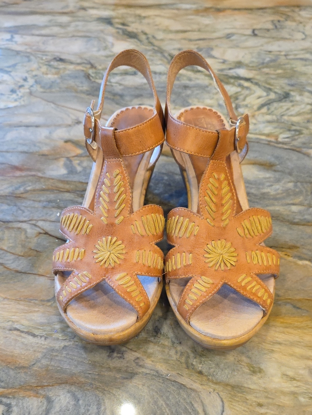 PIKOLINOS Tan Floral Leather Wedge Sandals